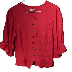 Resi Hammerer Red Vintage 80s Button Front Ruffle Three Quarter Sleeve Top Sz S